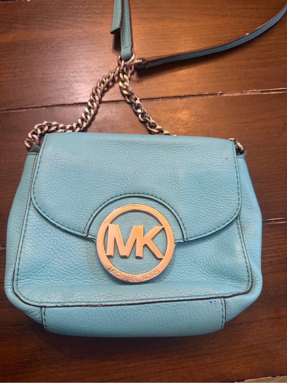 Michael Kors Light Blue Leather MK Logo Chain Crossbody